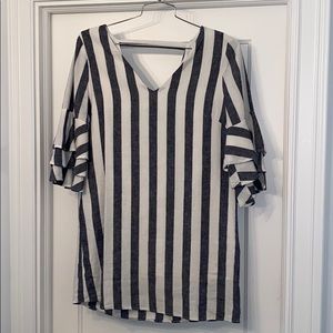 Vici Blue & Cream Linen Striped Midi Dress